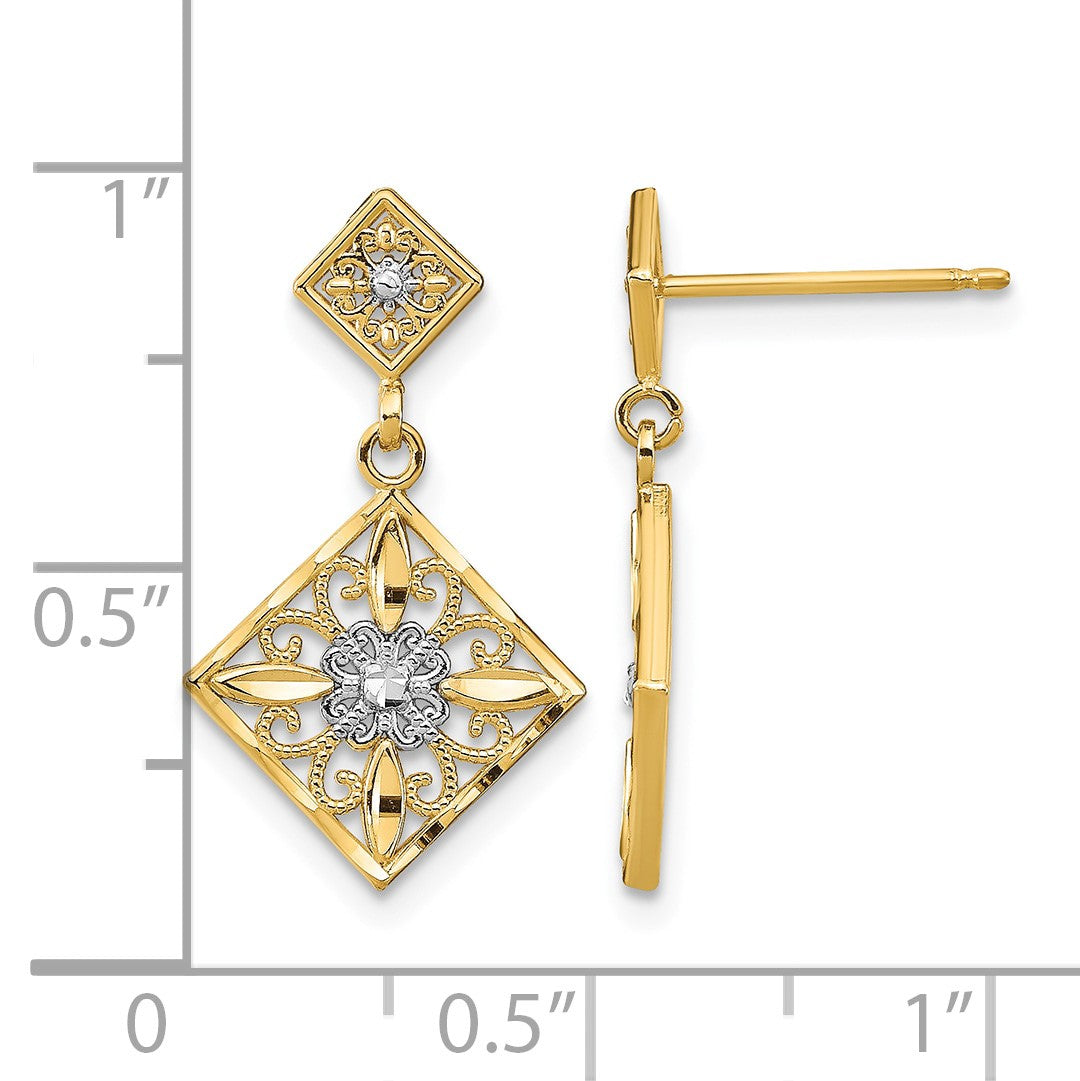 14K and White Rhodium Diamond-cut Square Filigree Dangle Post Earrings