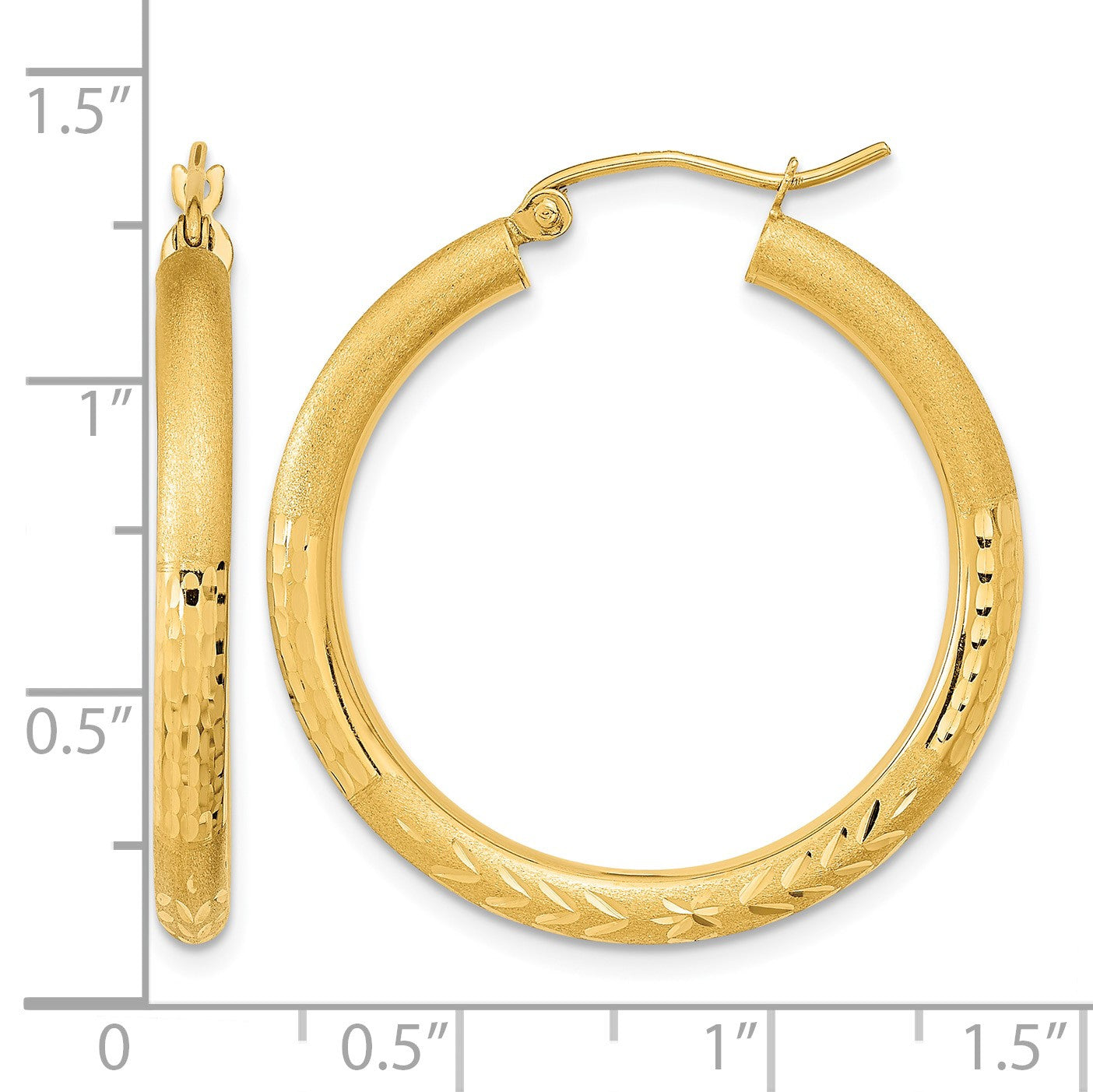14k Polished Satin and Diamond-cut Hoop Earrings
