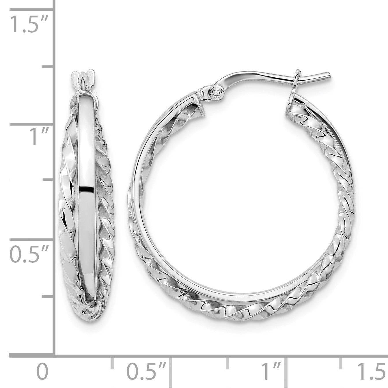 14K White Gold Polished and Textured Hinged Hoop Earrings