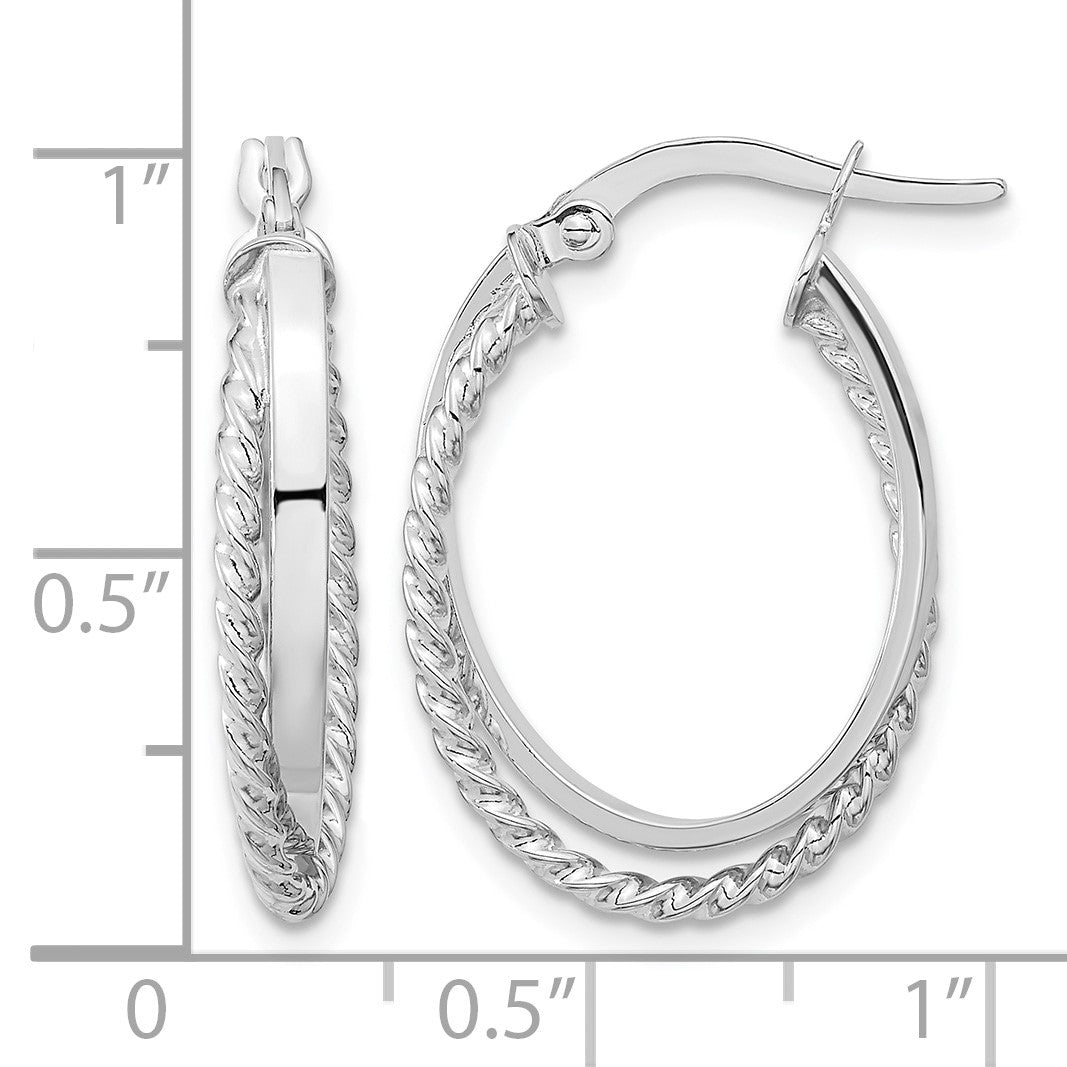 14K White Gold Polished and Textured Oval Hoop Earrings