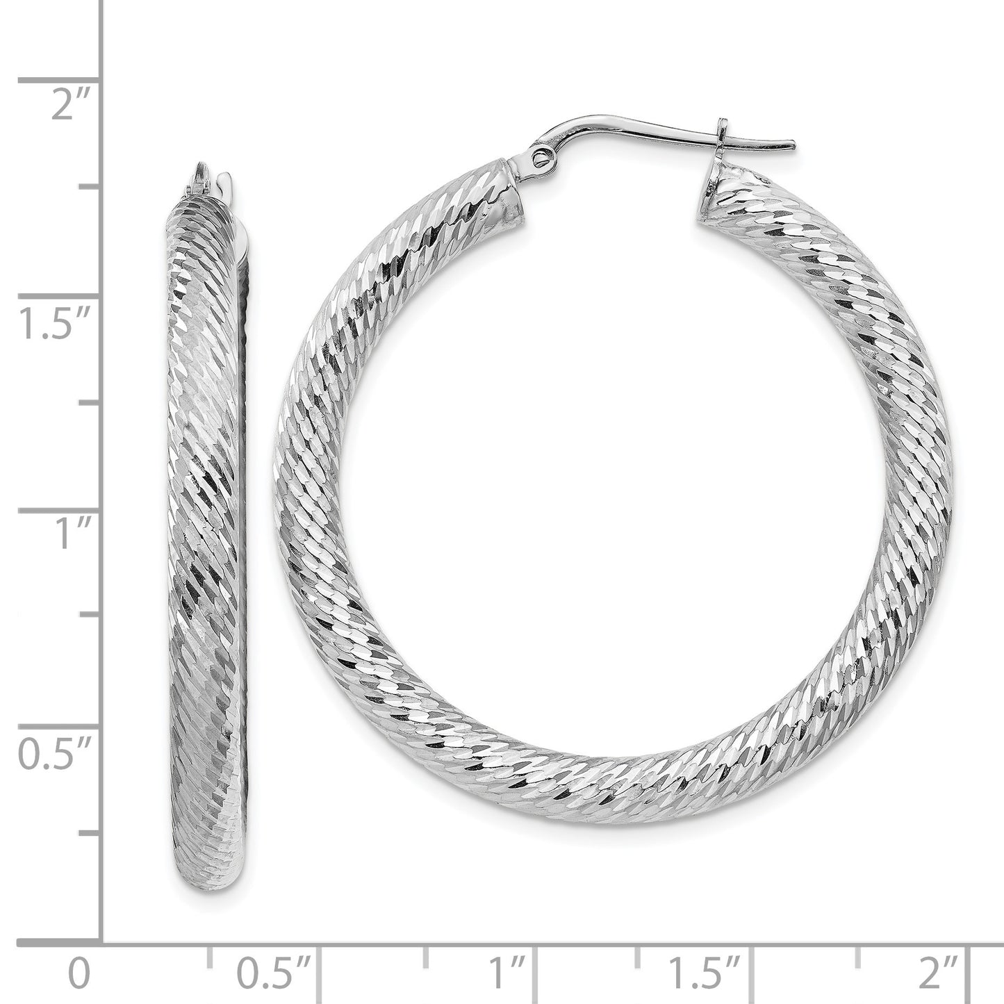 14k White Gold 4x40mm Diamond-cut Round Tube Hoop Earrings