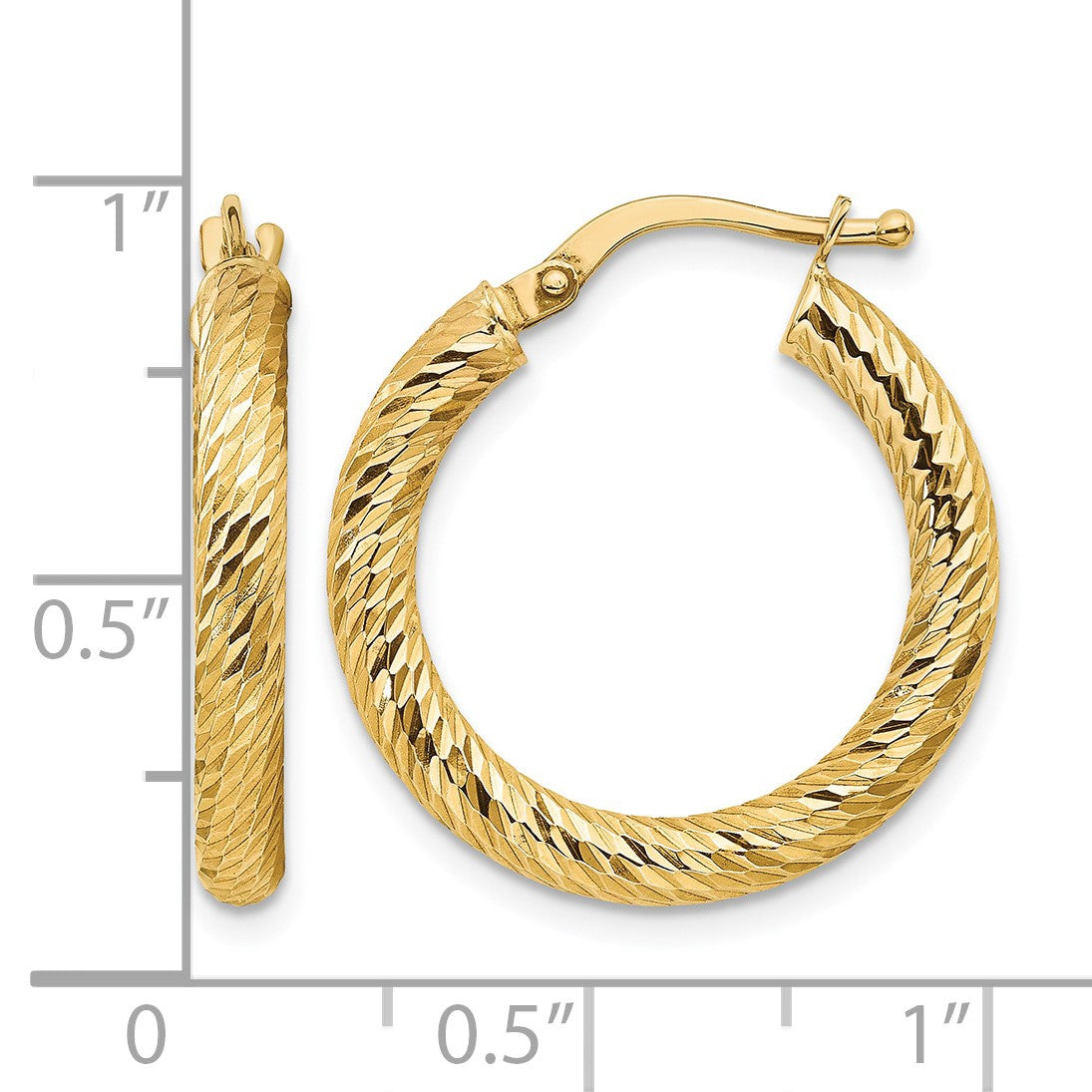 14k 3x22mm Polished Diamond-cut Round Tube Hoop Earrings