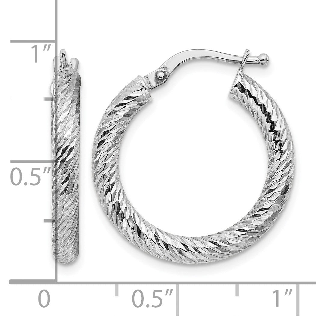 14k White Gold 3x22mm Polished Diamond-cut Round Tube Hoop Earrings