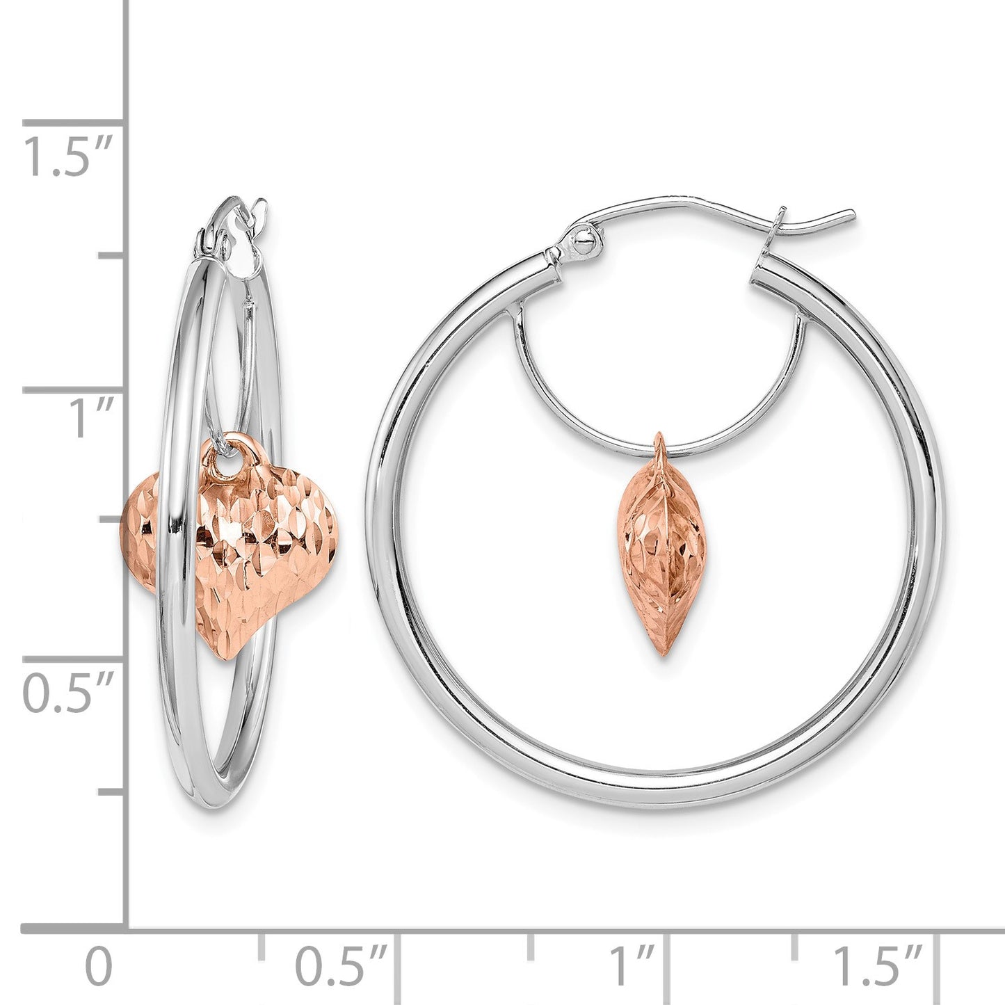14k Two-tone Rose and White D/C Heart Dangle Hoop Earrings