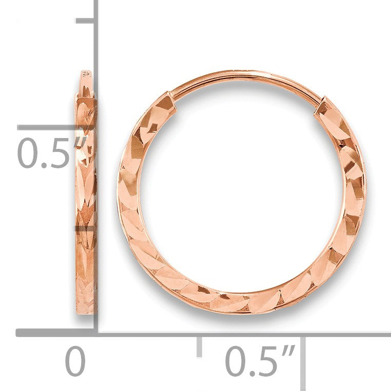14k Rose Gold 1.6x15mm Diamond-cut Square-Tube Endless Hoop Earrings