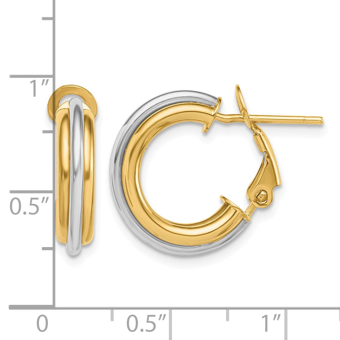 14K Two-tone 4x17mm Polished Omega Back Tube Hoop Earrings