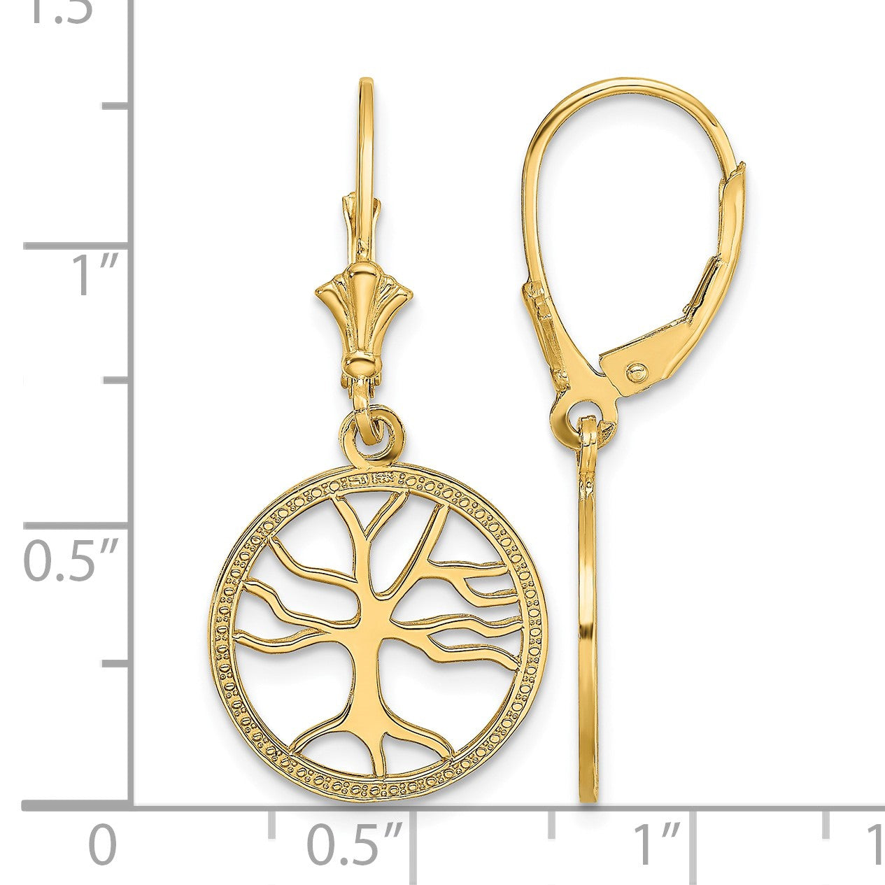 14K Tree of Life In Round Frame Dangle Leverback Earrings