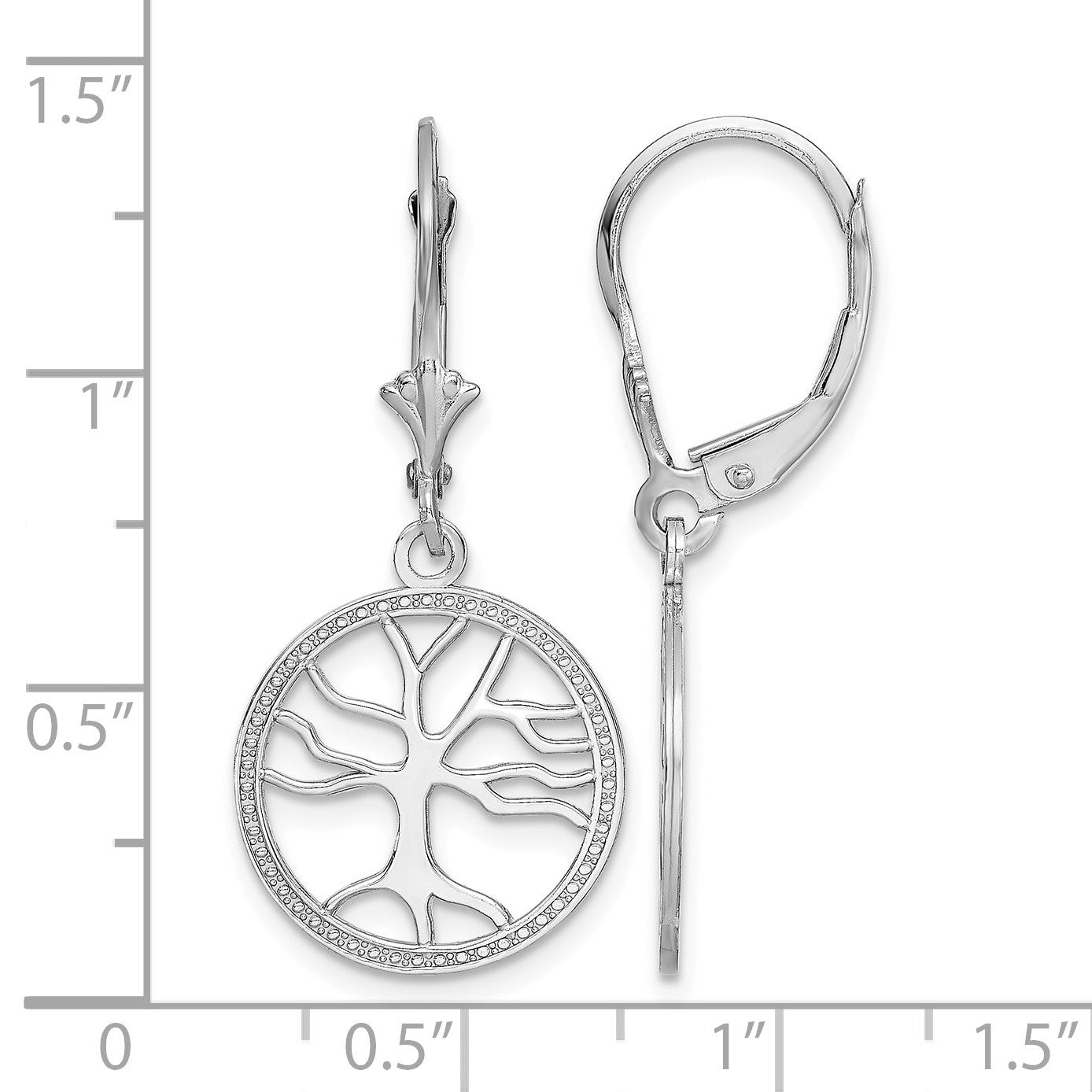 14K White Gold Tree of Life In Round Frame Dangle Leverback Earrings
