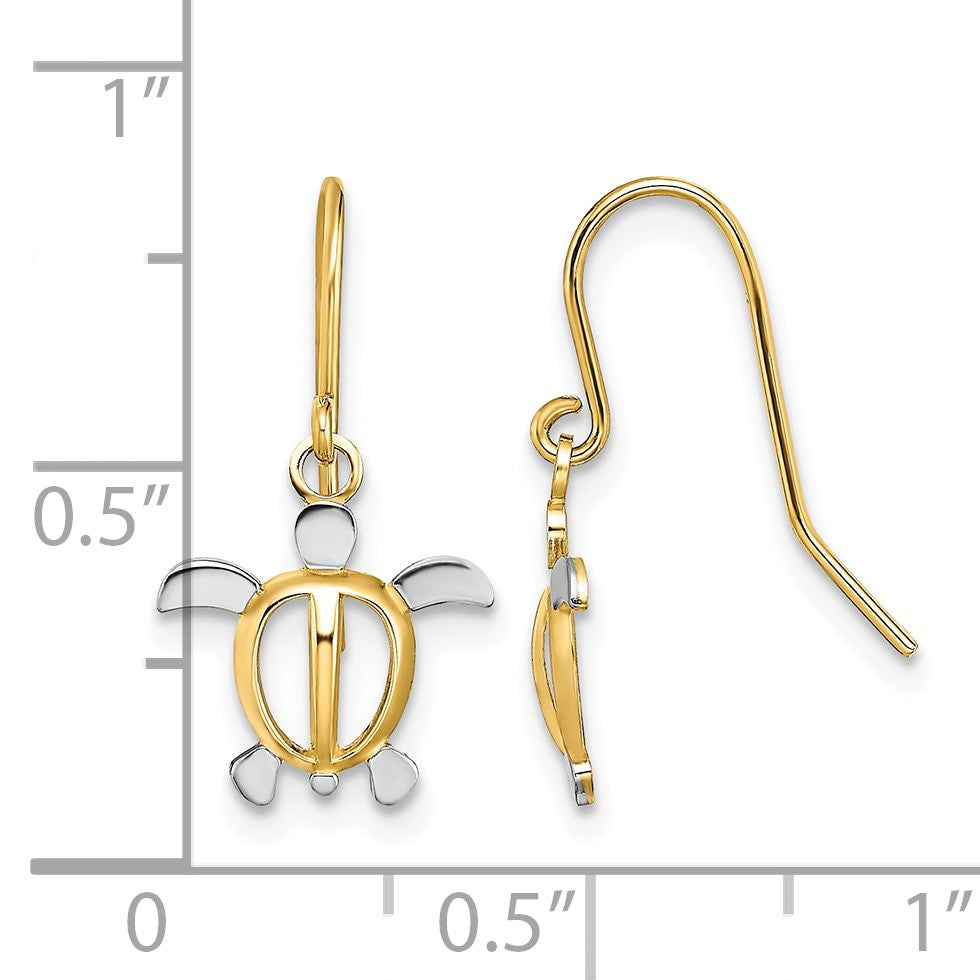 14K and White Rhodium Small Sea Turtle Dangle French Hook Earrings