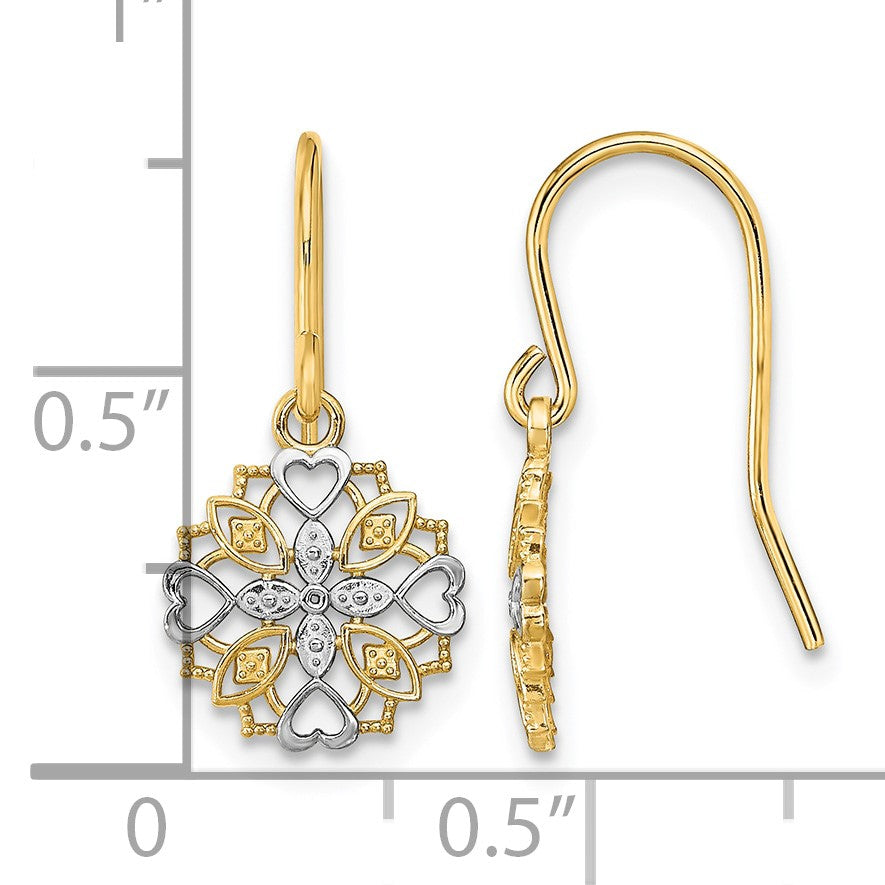 14K and White Rhodium Heart Filigree Dangle Wire Earrings