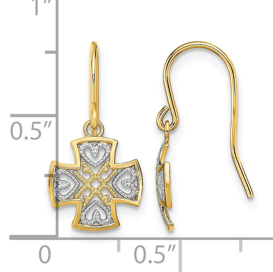 14K and White Rhodium Fancy Cross with Heart Dangle French Hook Earrings