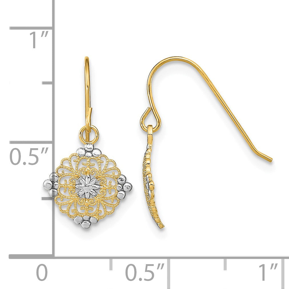 14K and White Rhodium Square Filigree Medallion Dangle French Hook Earrings