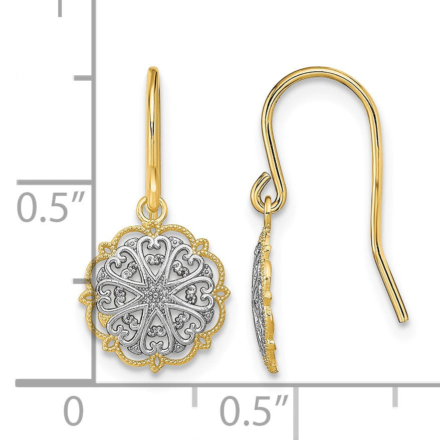 14K and White Rhodium Fancy Medallion Dangle French Hook Earrings