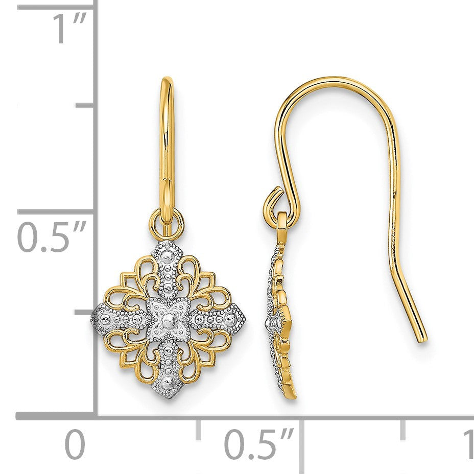 14K and White Rhodium Fancy Square Filigree Dangle French Hook Earrings