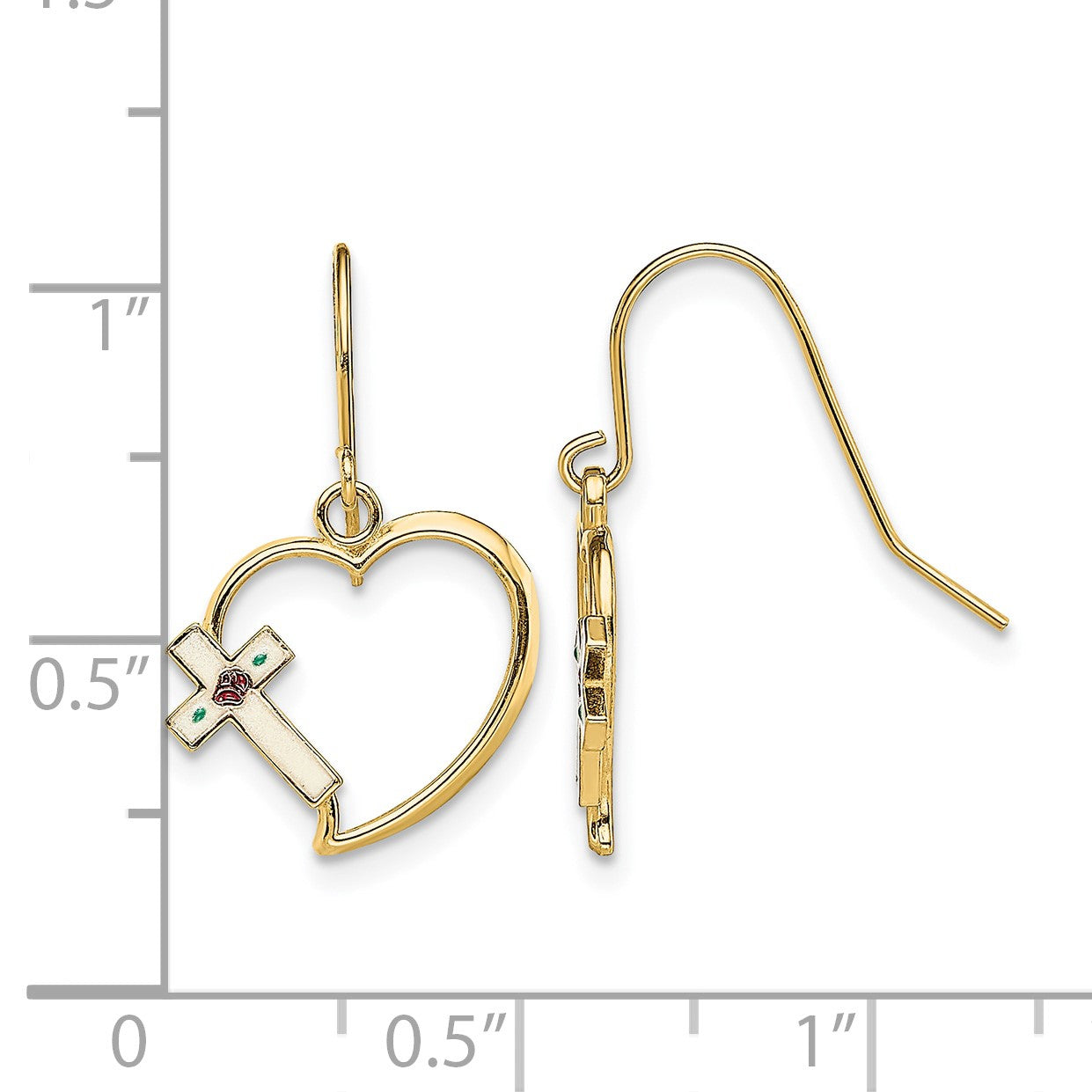 14K White and Multi-color Enamel Floral Cross on Heart French Hook Earrings