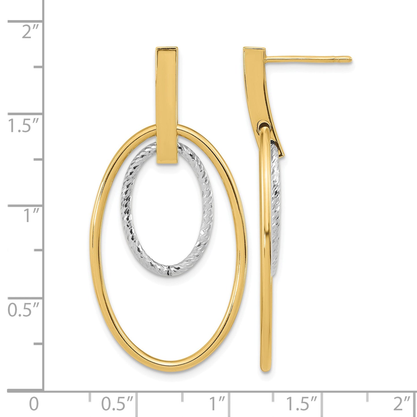 14k Two-tone Polished Diamond-cut Oval Dangle Post Earrings