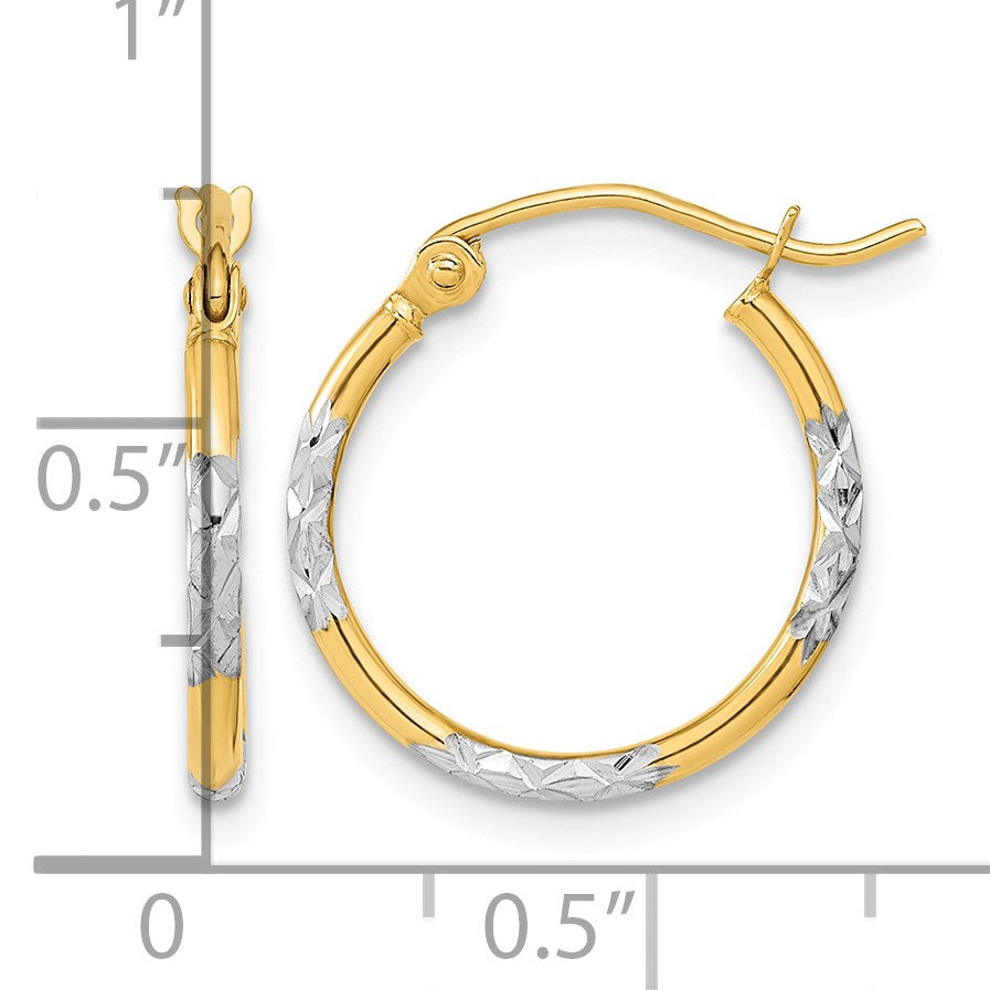 14k and White Rhodium 1.5x16mm Diamond-cut Tube Hoop Earrings
