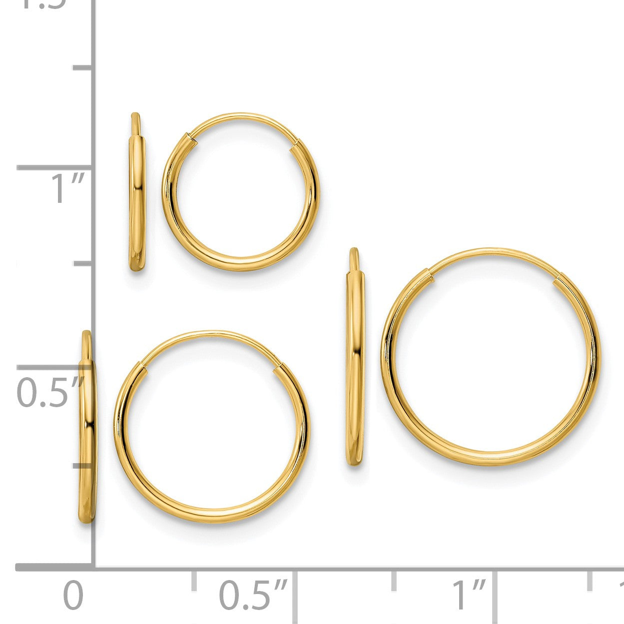 14k Polished 3-pair 1x14/12/10mm Endless Tube Hoop Earring Set