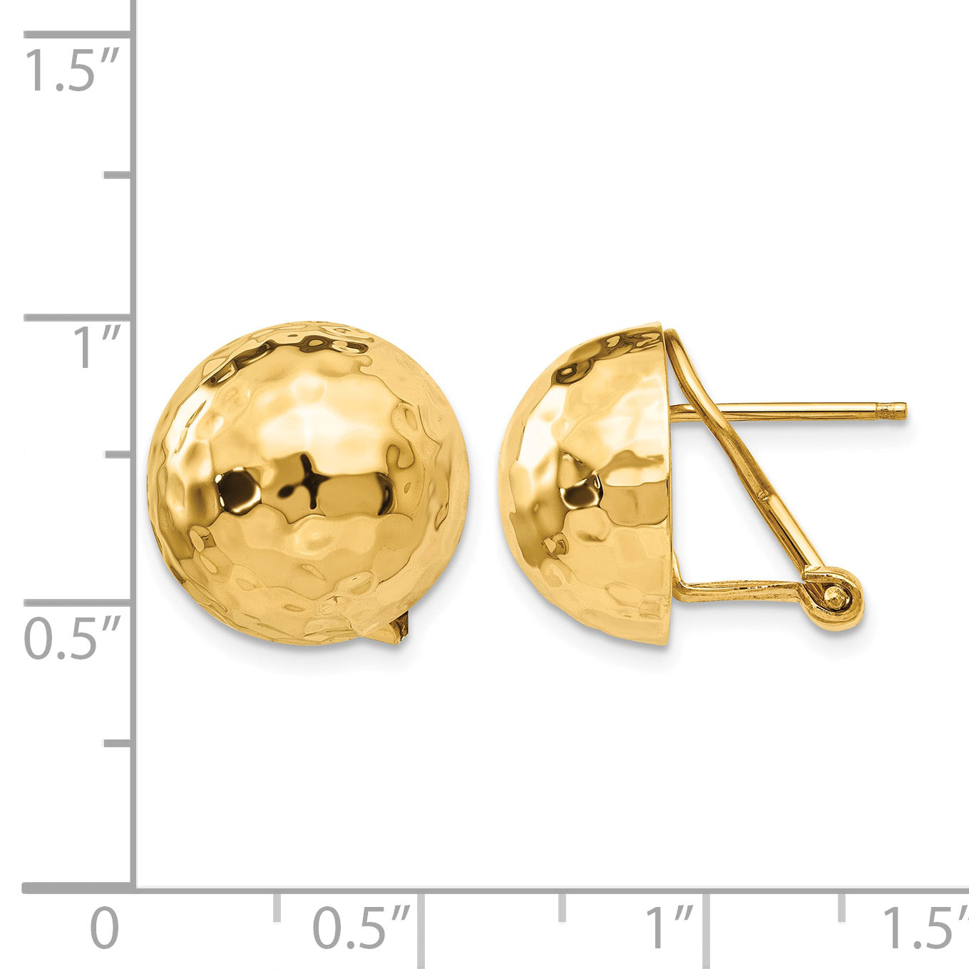14k 14mm Hammered Half Ball Omega Back Post Earrings