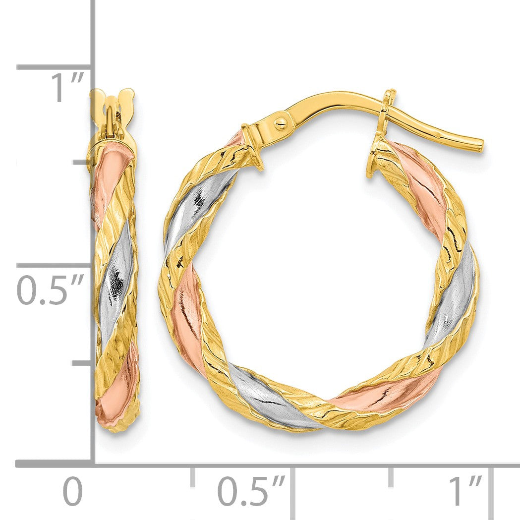 14K with Rose & White Rhodium Textured Twisted Hoop Earrings