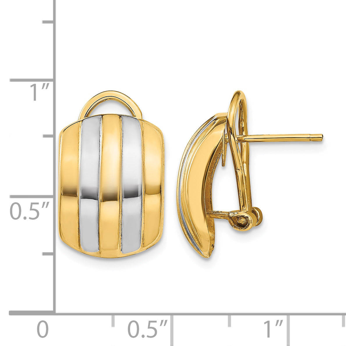14k and White Rhodium 12x17mm Polished Ribbed Omega Back Post Earrings