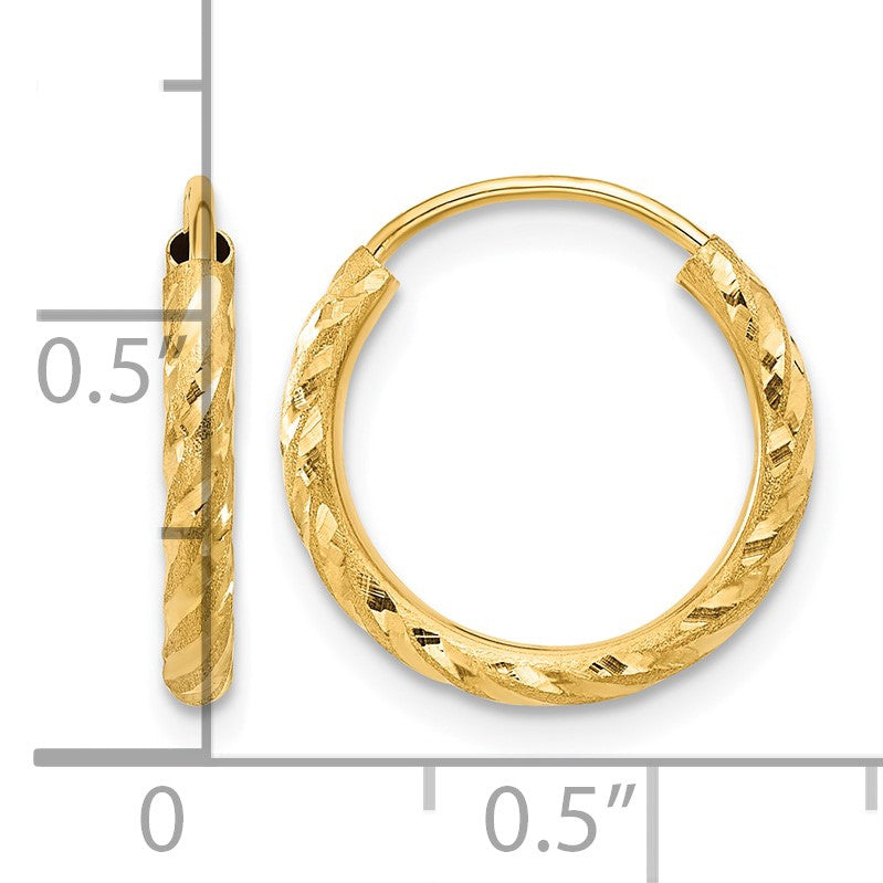 14k 2.00x15mm Polished and Satin Diamond-cut Endless Tube Hoop Earrings