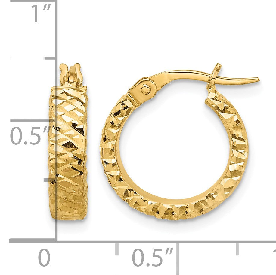 14K Polished 4mm Diamond Cut Hoop Earrings