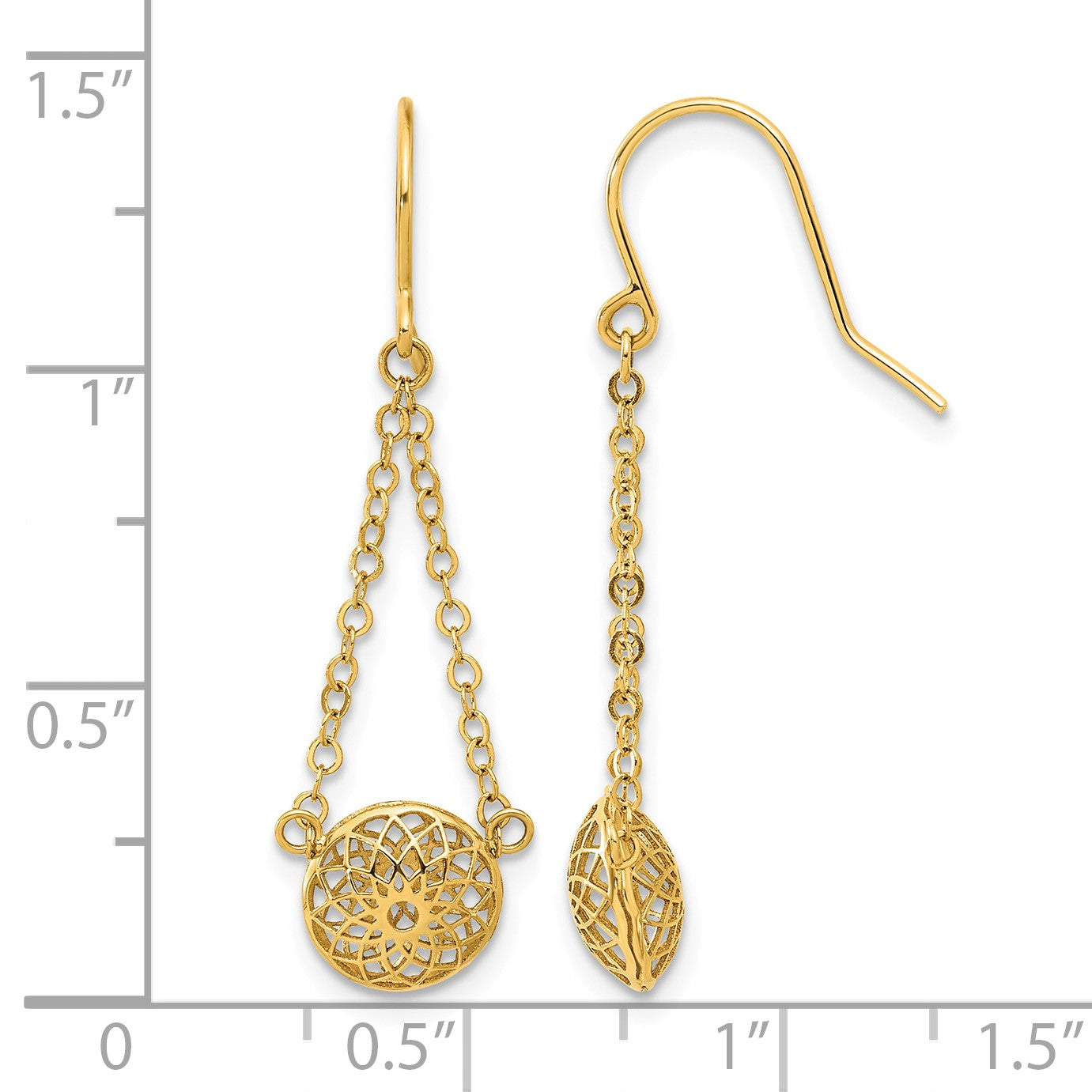 14k Polished Cut-Out Filigree Bead and Chain Dangle French Hook Earrings