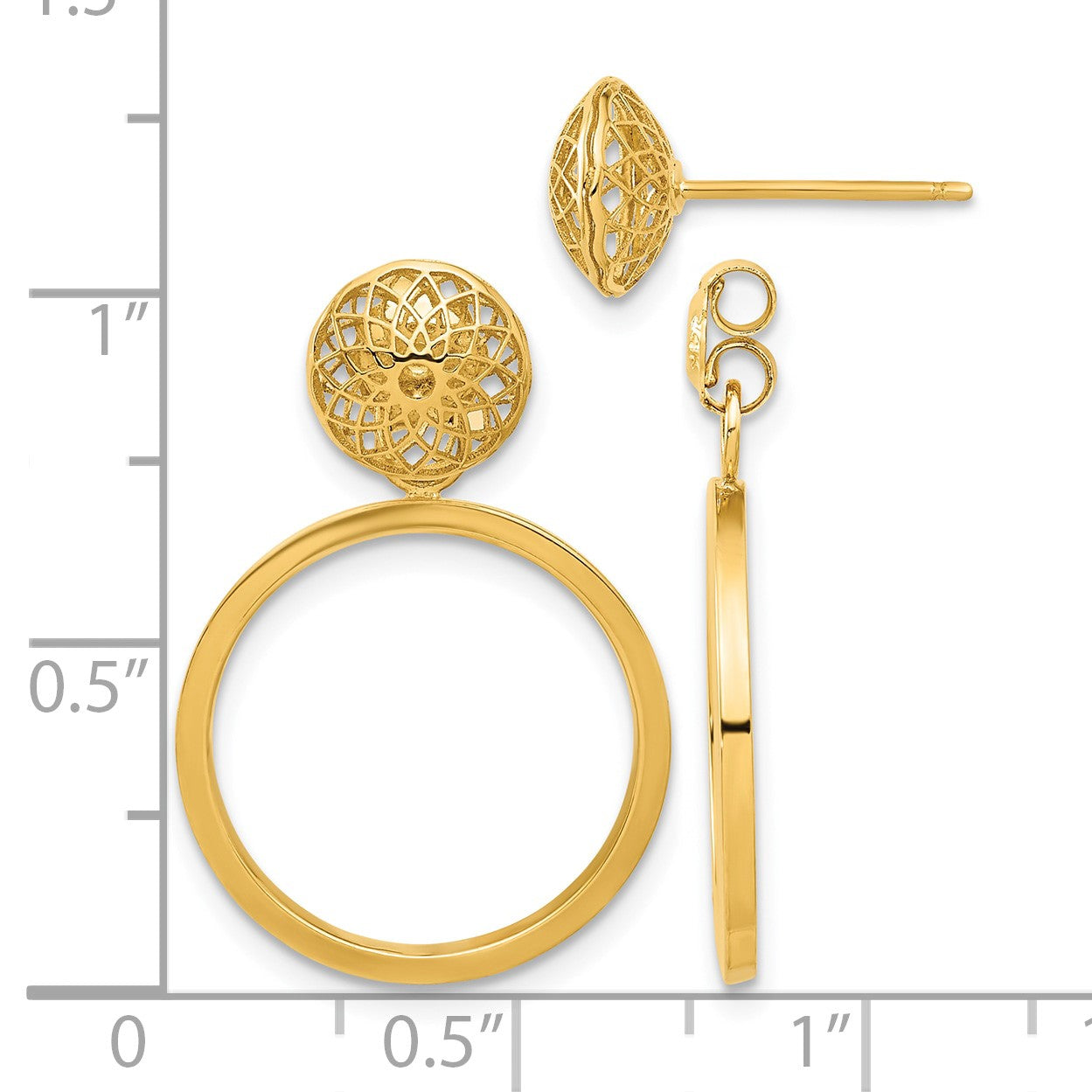 14k Polished 8mm Filigree Stud and 18mm Circle Dangle Front and Back Post Earrings