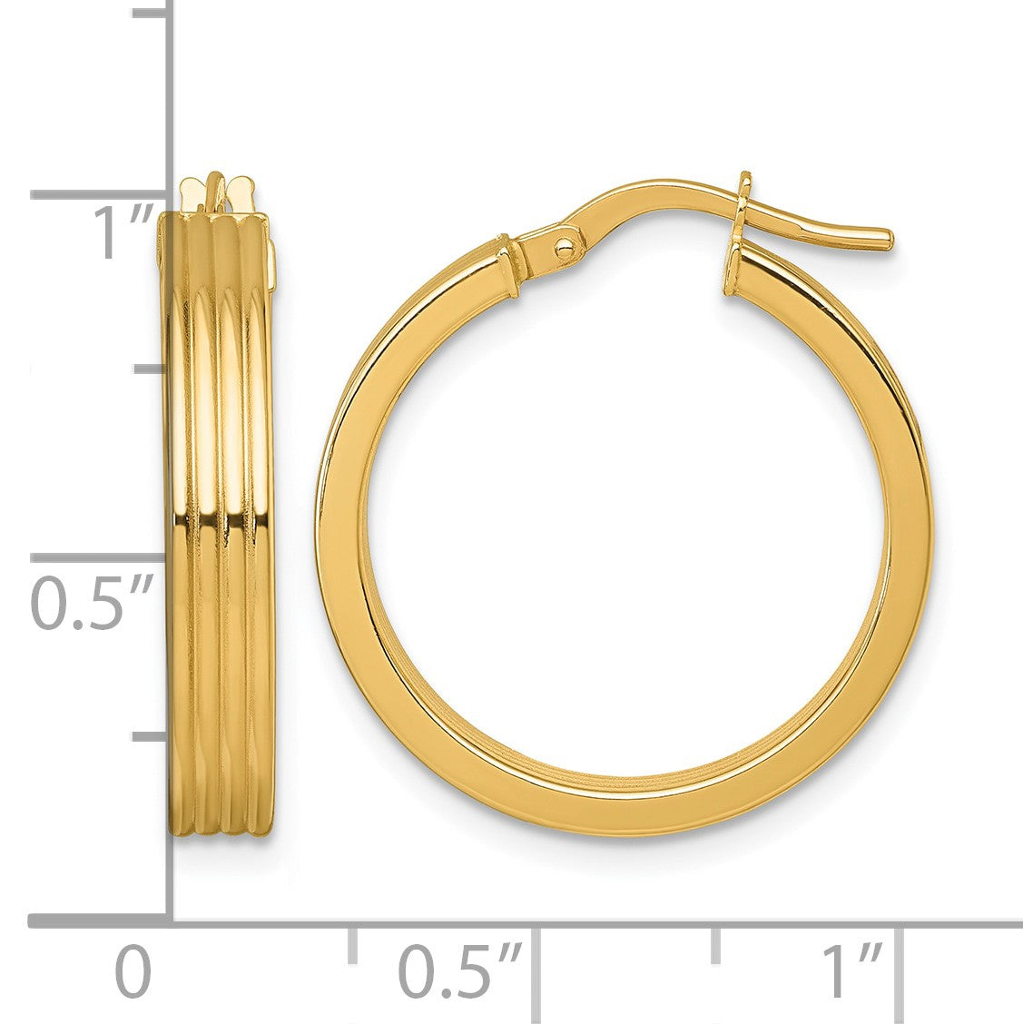 14k Polished and Grooved 4.00 x 24mm Tube Hoop Earrings