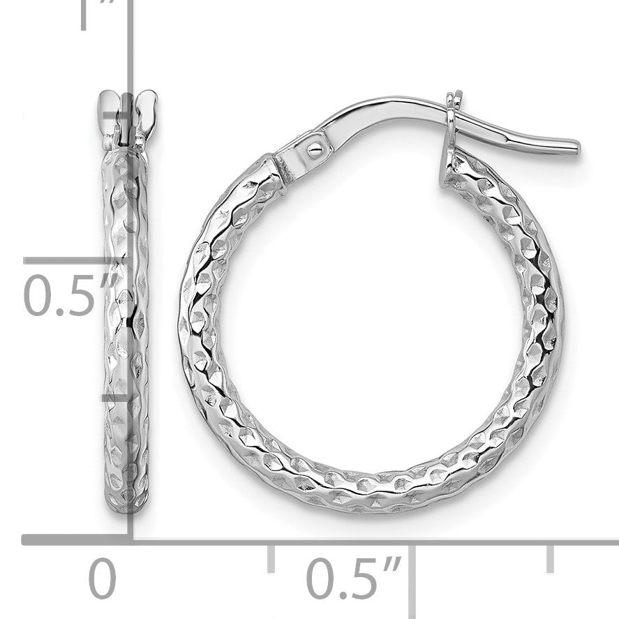 14k White Gold Polished Diamond-cut Textured 2.00 x 18mm Tube Hoop Earrings