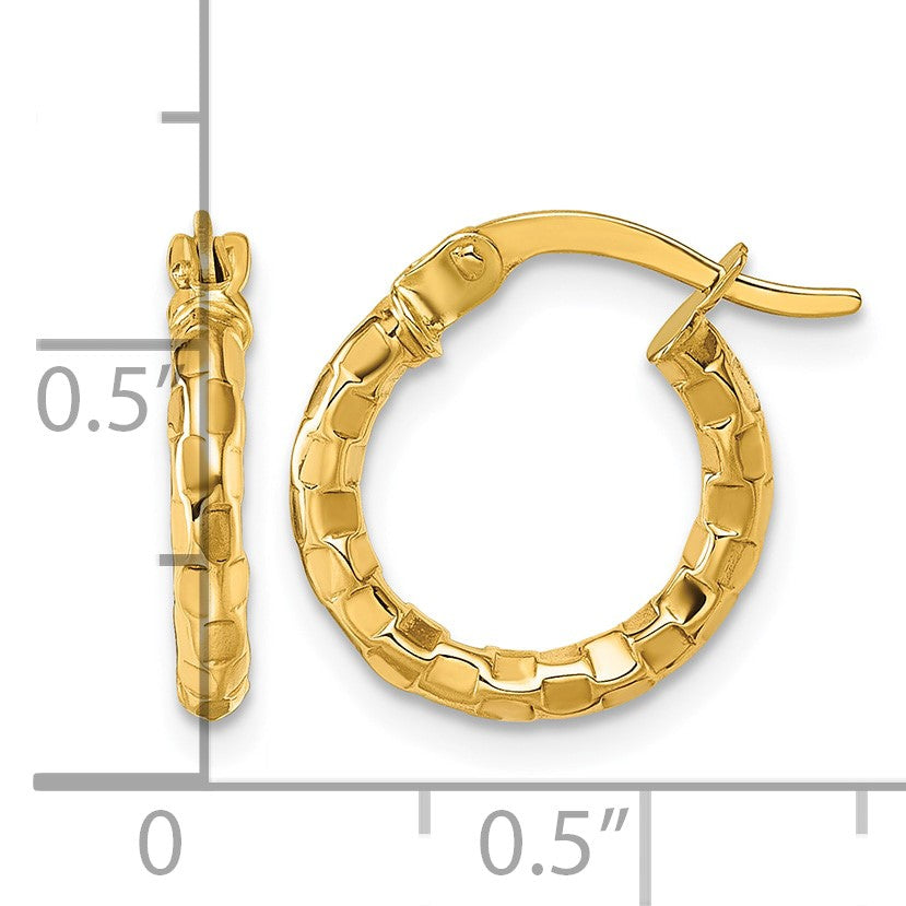 14k Polished 2.3 x 14mm Textured Tube Hoop Earrings