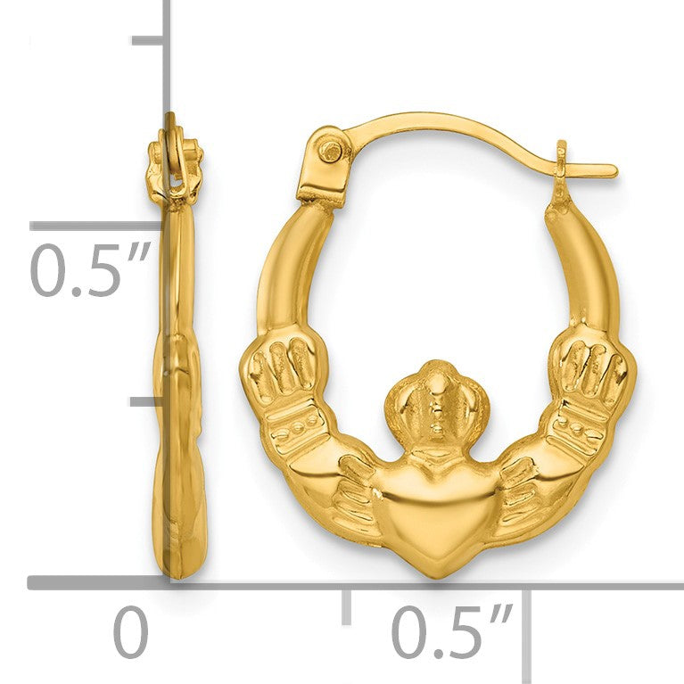 14k Polished 14.00mm Claddagh Hollow Hoop Earrings