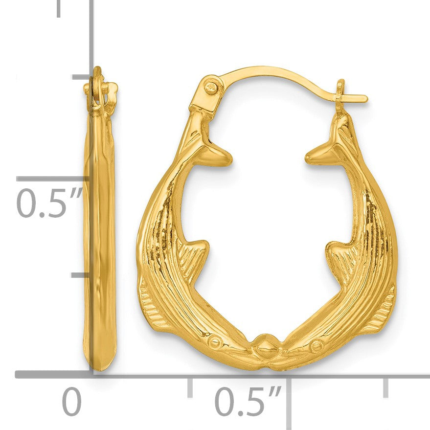 14k Polished Two Whales Hollow Hoop Earrings