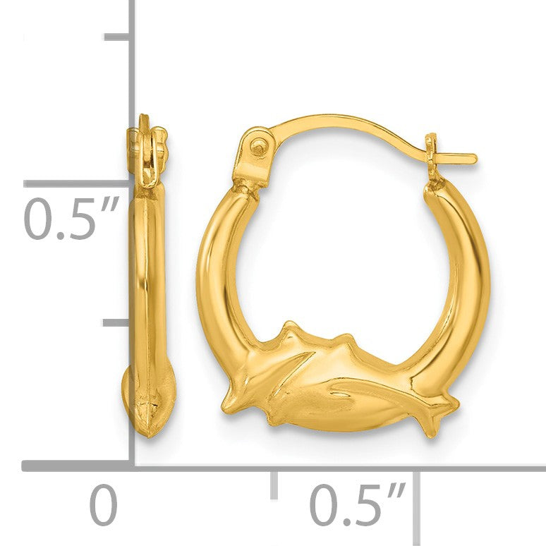 14k Polished Two Dolphins Hollow Hoop Earrings