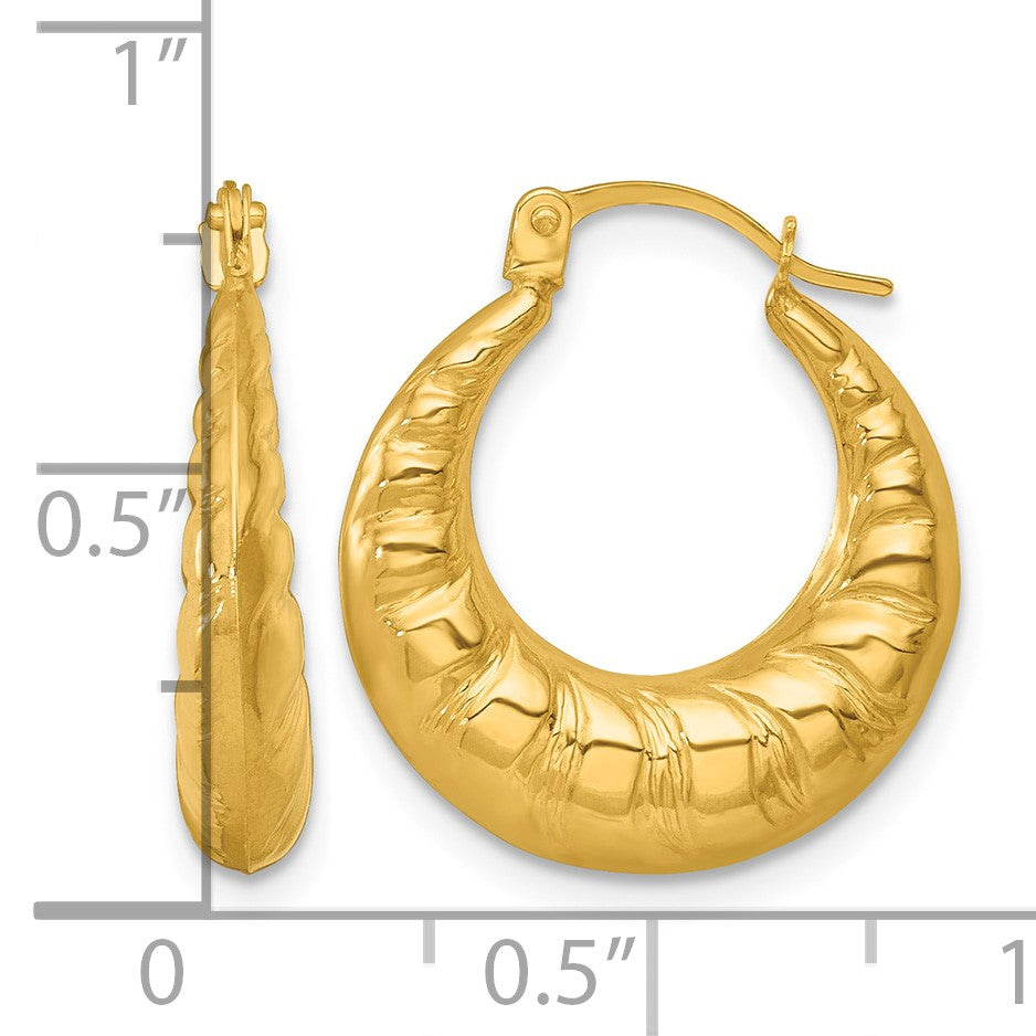 14k Polished and Textured Scalloped Hollow Hoop Earrings