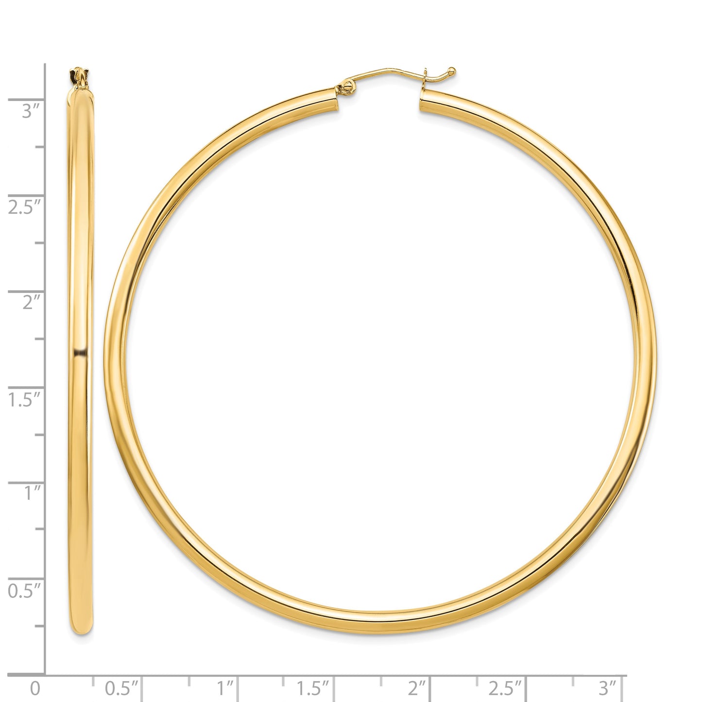 14k 3x70mm Polished Lightweight Round Tube Hoop Earrings