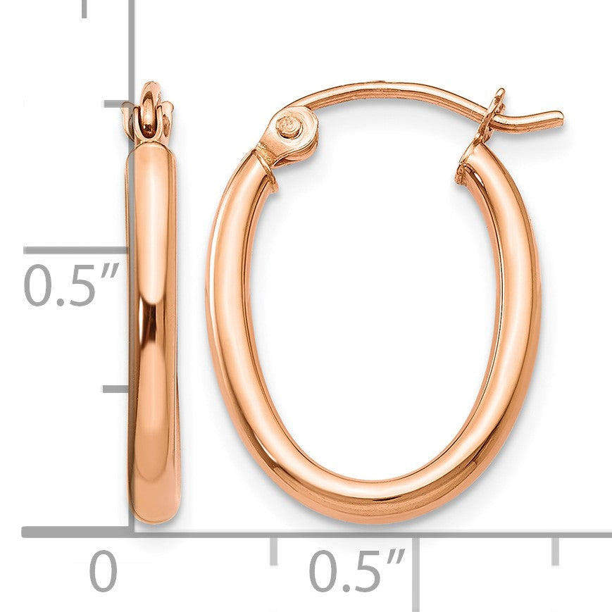 14k Rose Gold 2x19mm Polished Oval Tube Hoop Earrings