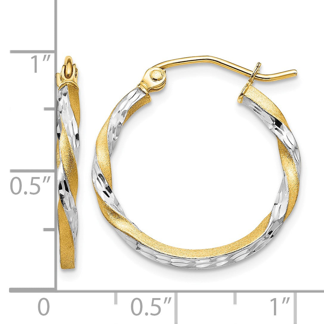 14k & Rhodium Satin Diamond Cut Twisted Hoop Earrings