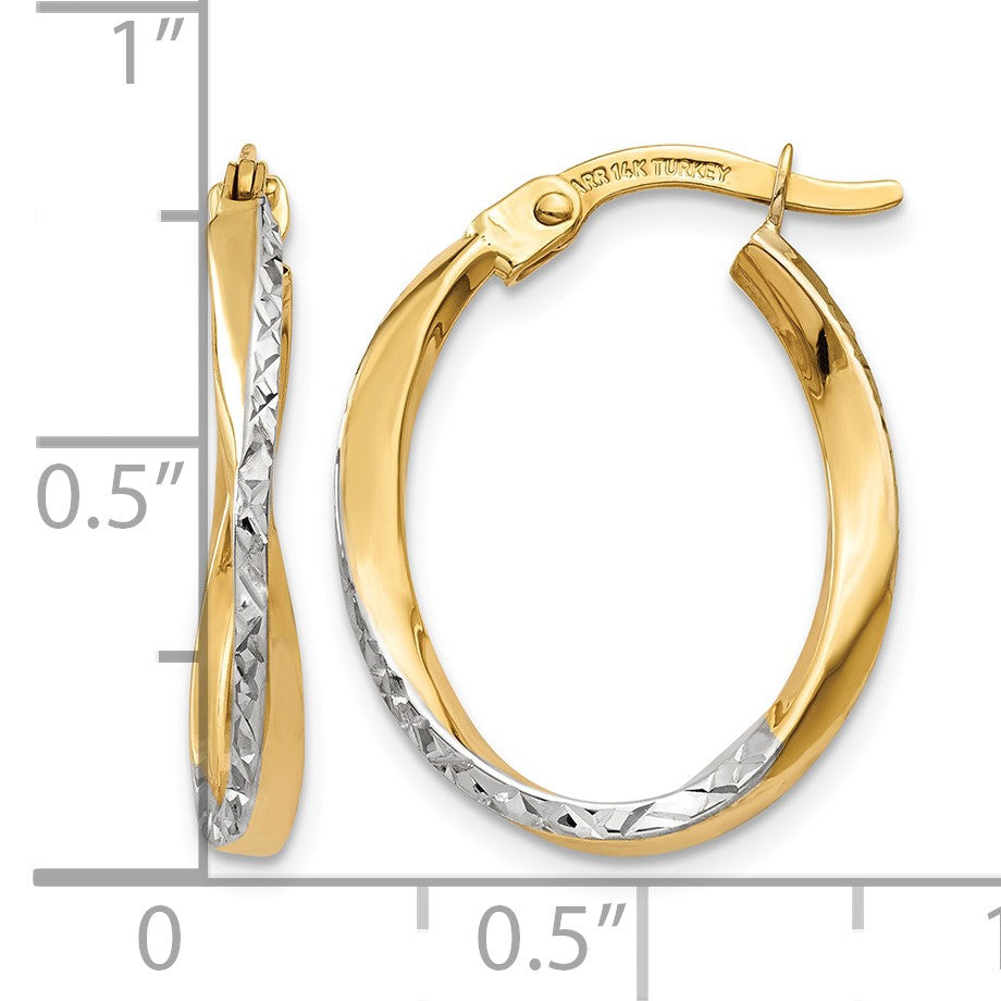 14K w/White Rhodium Textured and Polished Oval Hoop Earrings