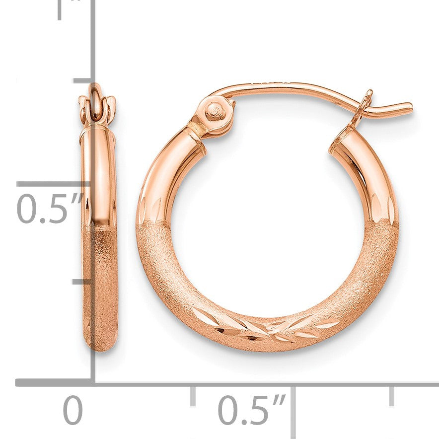 14k Rose Gold 2x15mm Lightweight Satin Diamond-cut Tube Hoop Earrings