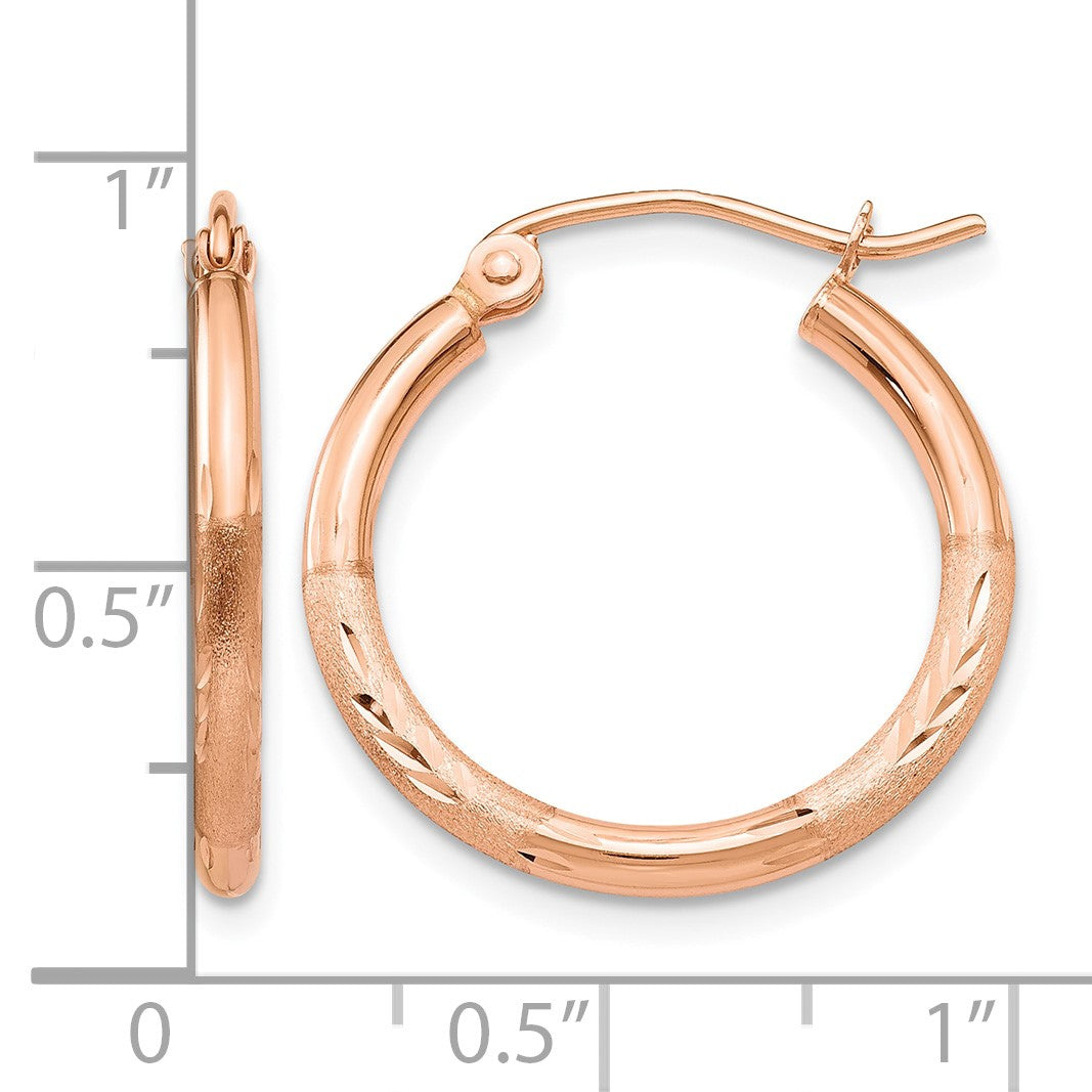 14k Rose Gold 2x20mm Lightweight Satin Diamond-cut Tube Hoop Earrings
