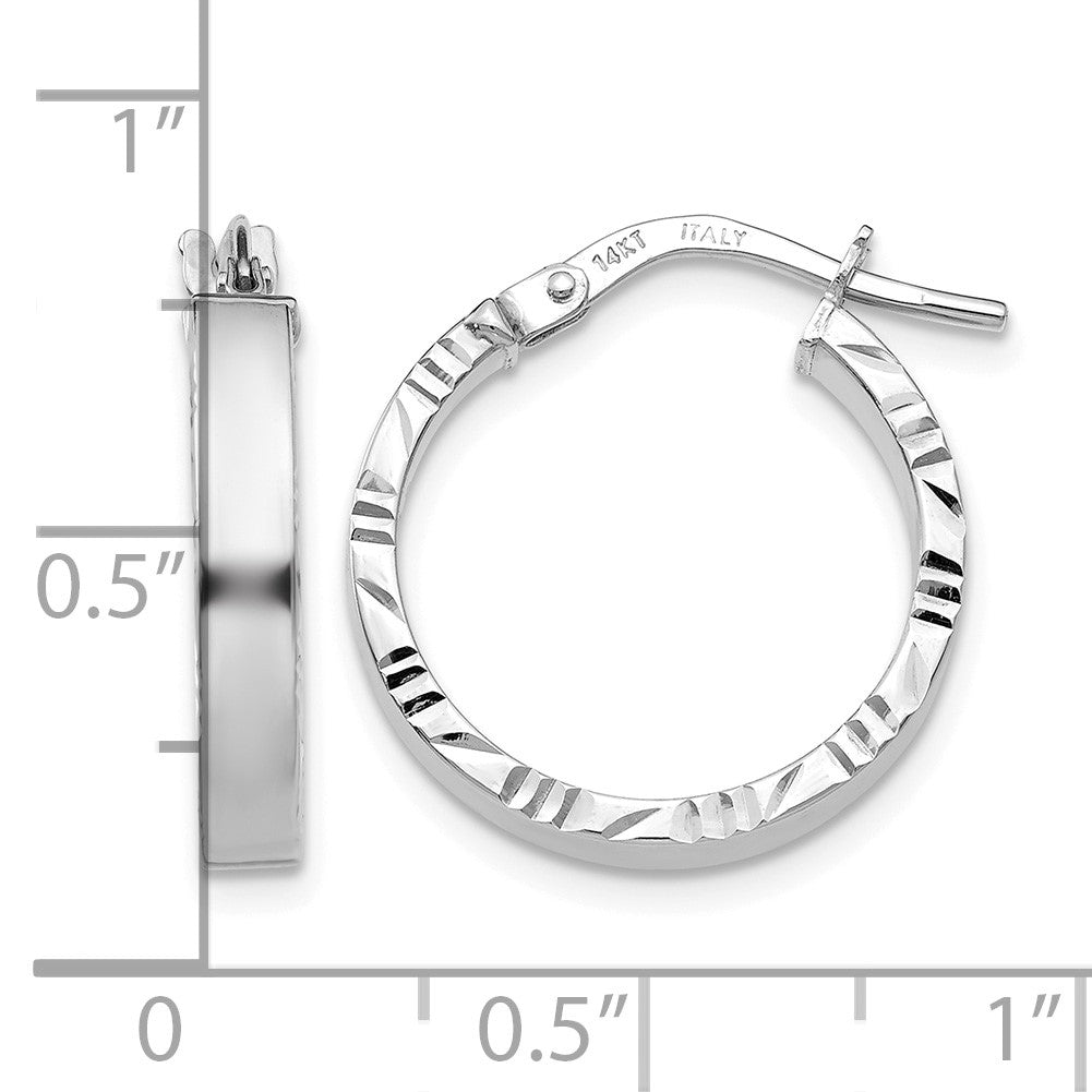 14K White Gold 3x20mm Polished with Diamond-Cut Edge Tube Hoop Earrings
