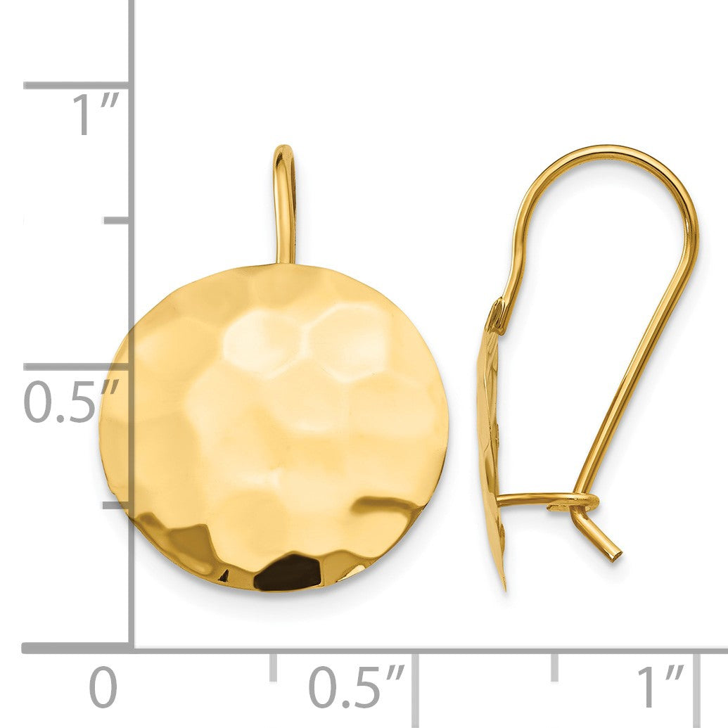 14k Hammered 14mm Circle Disc Kidney Wire Earrings