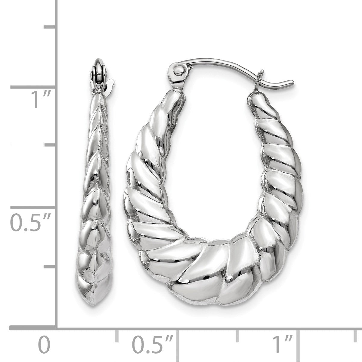 14k White Gold Polished and Textured Oval Hoop Earrings