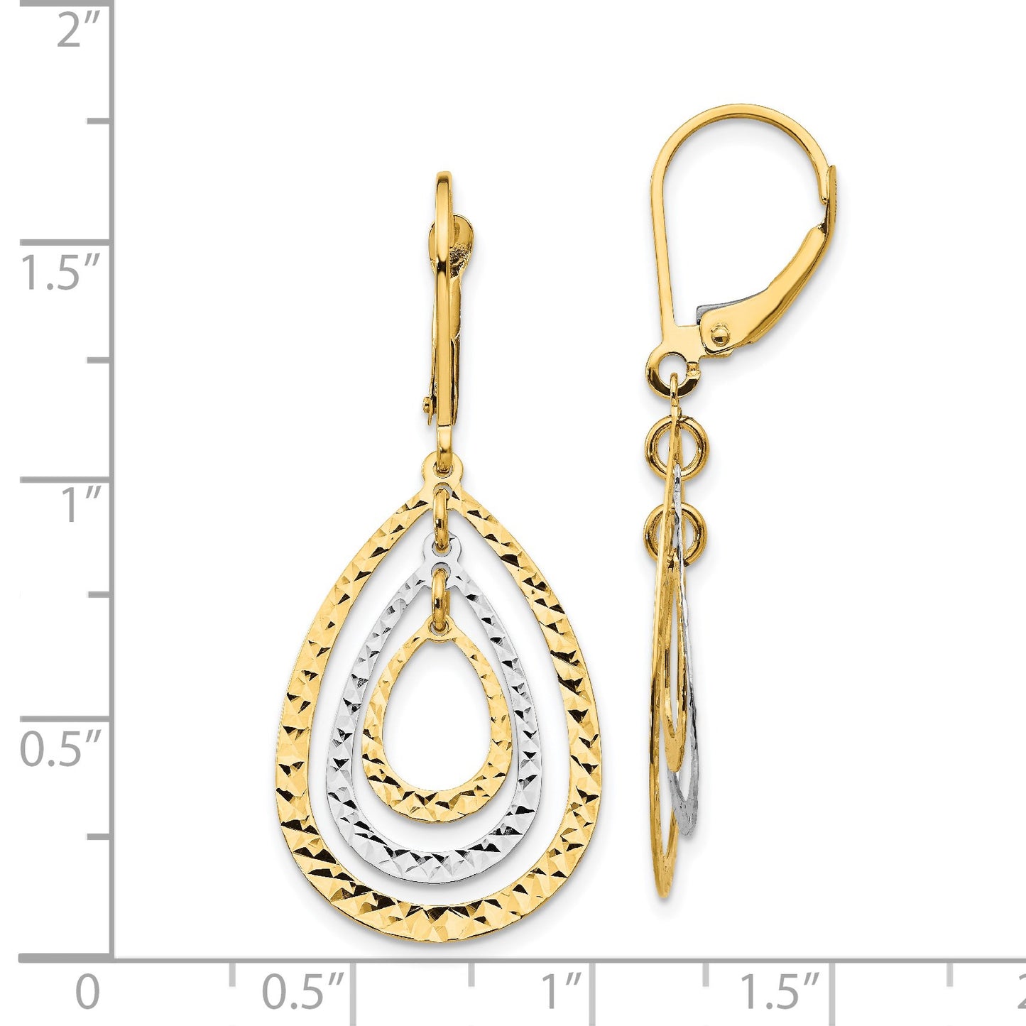 14K Two-tone Diamond-cut Graduated Teardrops Dangle Leverback Earrings