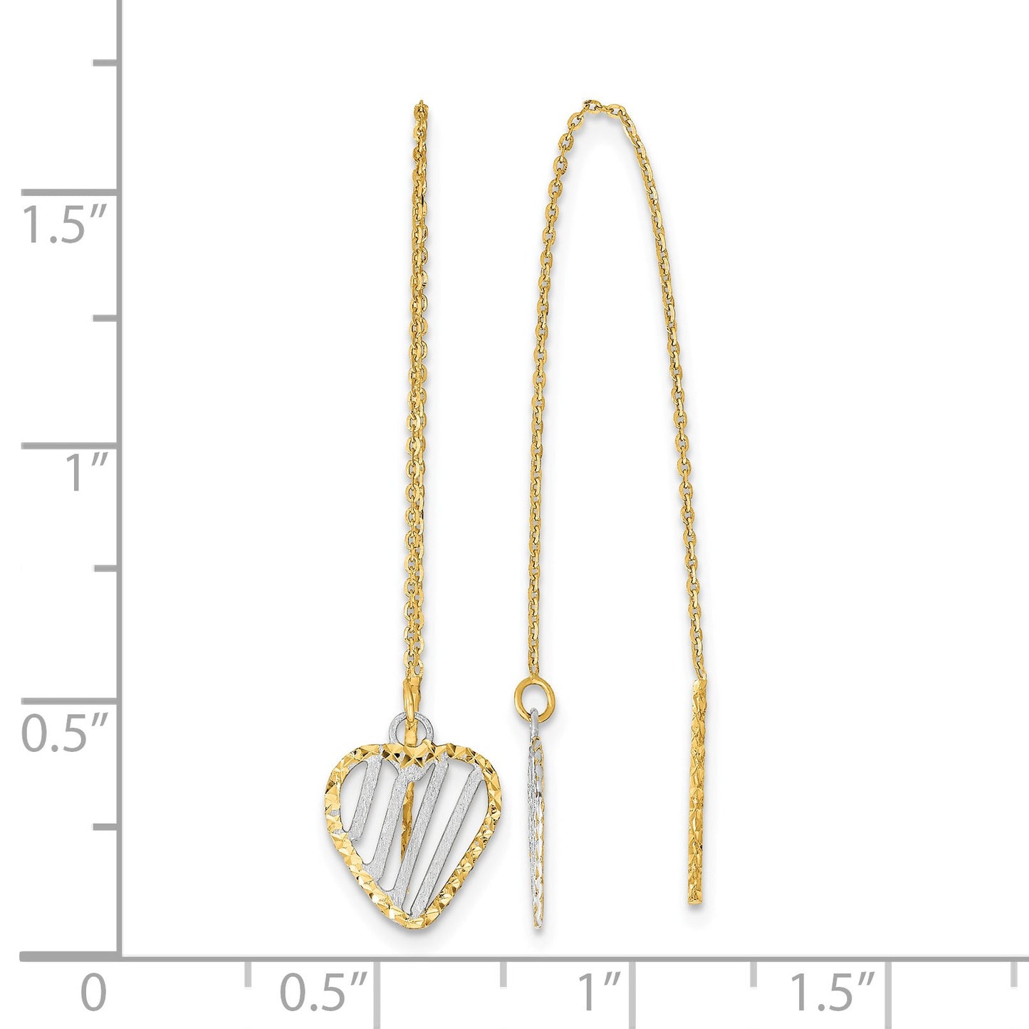 14k and White Rhodium Polished/Satin/Diamond-cut Heart Threader Earrings