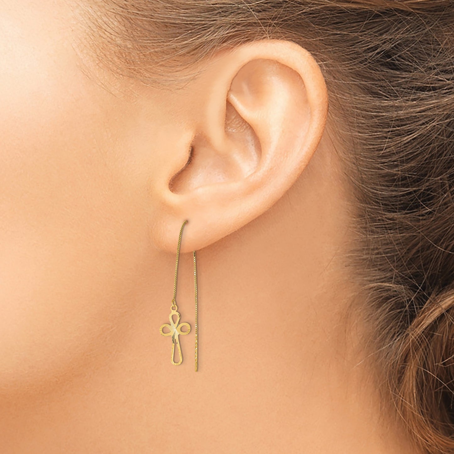 14k Polished Diamond-cut Box Chain with Cross Threader Earrings