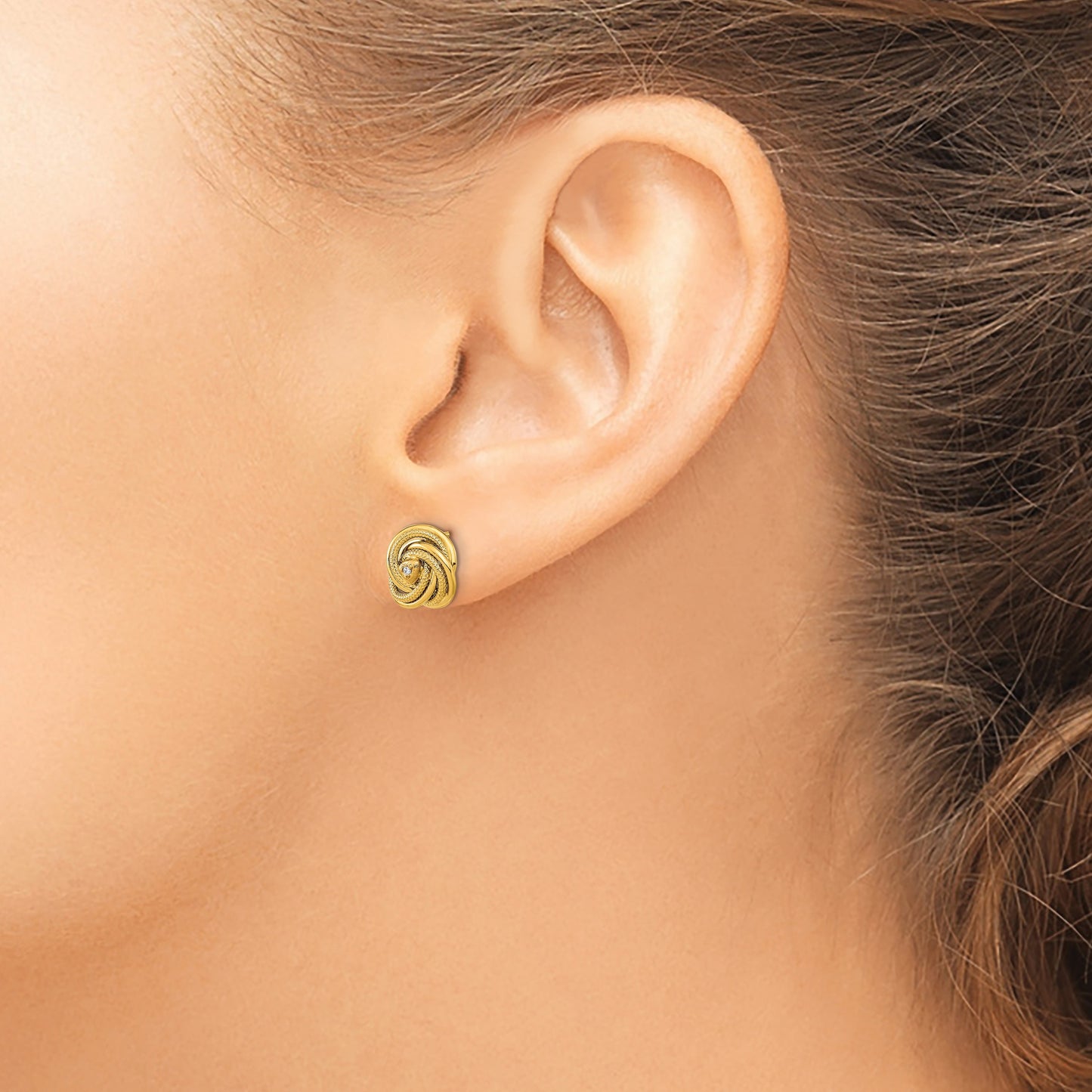 14K 10.5mm Polished Textured CZ Love Knot Post Earrings