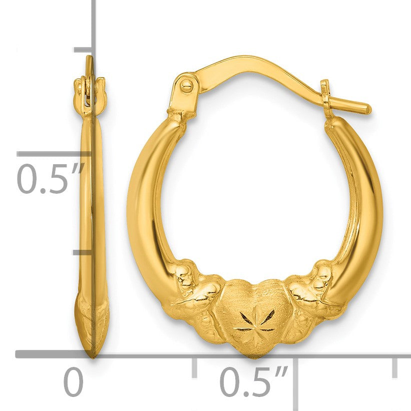 14k Polished Brushed and Diamond-cut Heart Scalloped Hollow Hoop Earrings